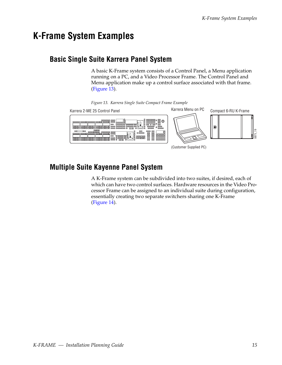 K-frame system examples, Basic single suite karrera panel system, Multiple suite kayenne panel system | Grass Valley K-Frame Installation Planning Guide Jul 07 2014 User Manual | Page 15 / 56