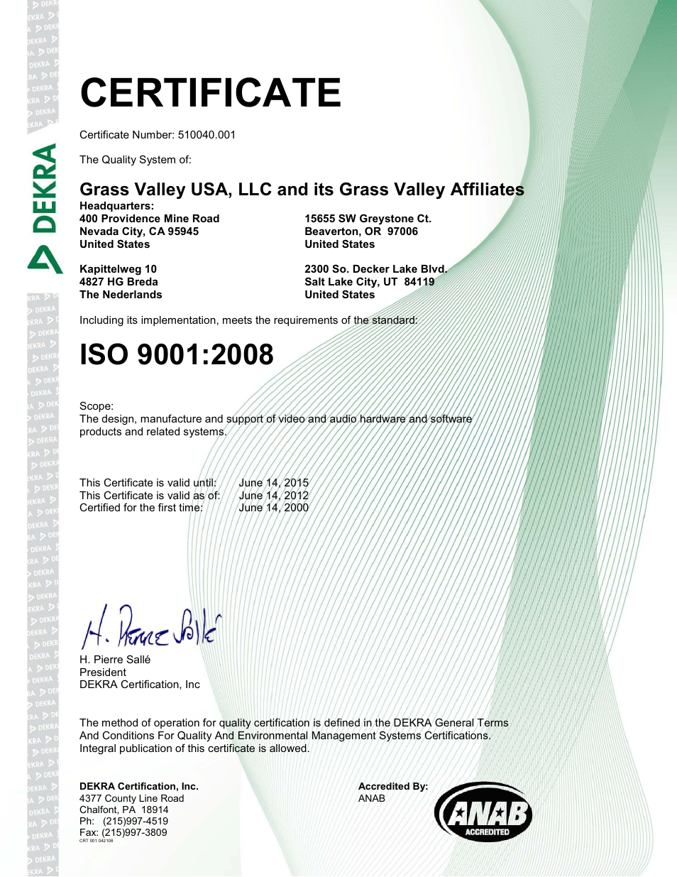 Certificate | Grass Valley K-Frame Installation Planning Guide Jul 07 2014 User Manual | Page 2 / 56