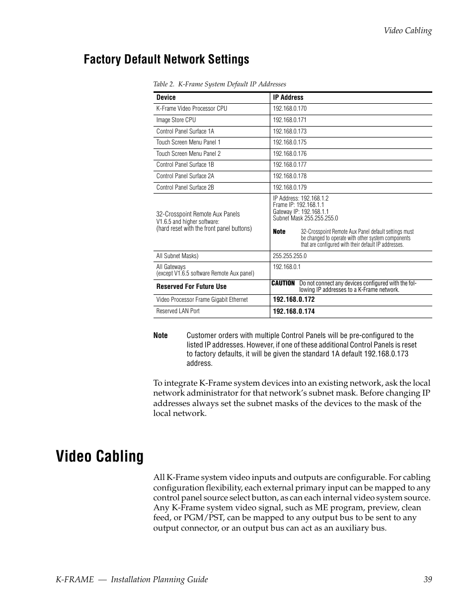 Factory default network settings, Video cabling | Grass Valley K-Frame Installation Planning Guide Jul 07 2014 User Manual | Page 39 / 56