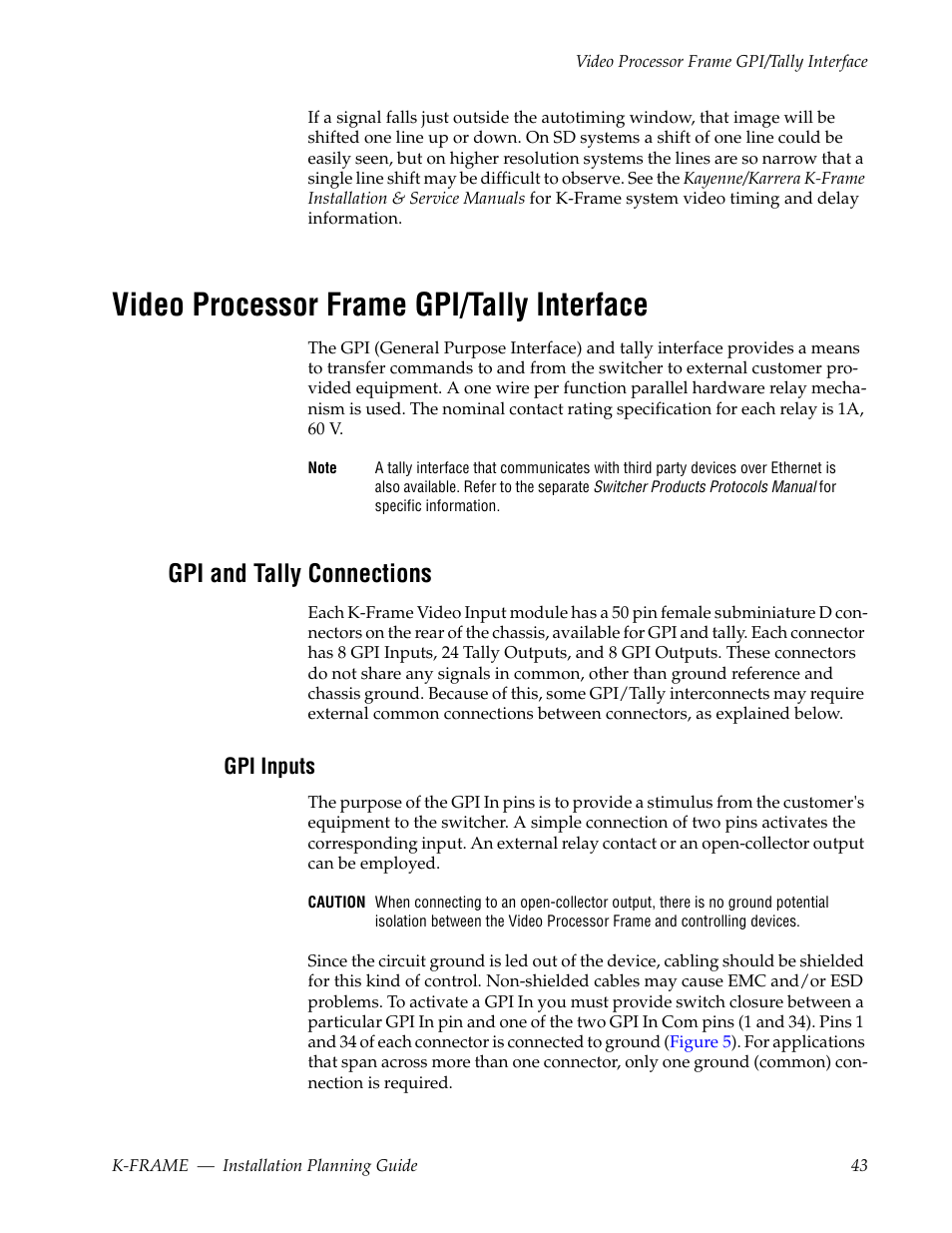 Video processor frame gpi/tally interface, Gpi and tally connections, Gpi inputs | Grass Valley K-Frame Installation Planning Guide Jul 07 2014 User Manual | Page 43 / 56