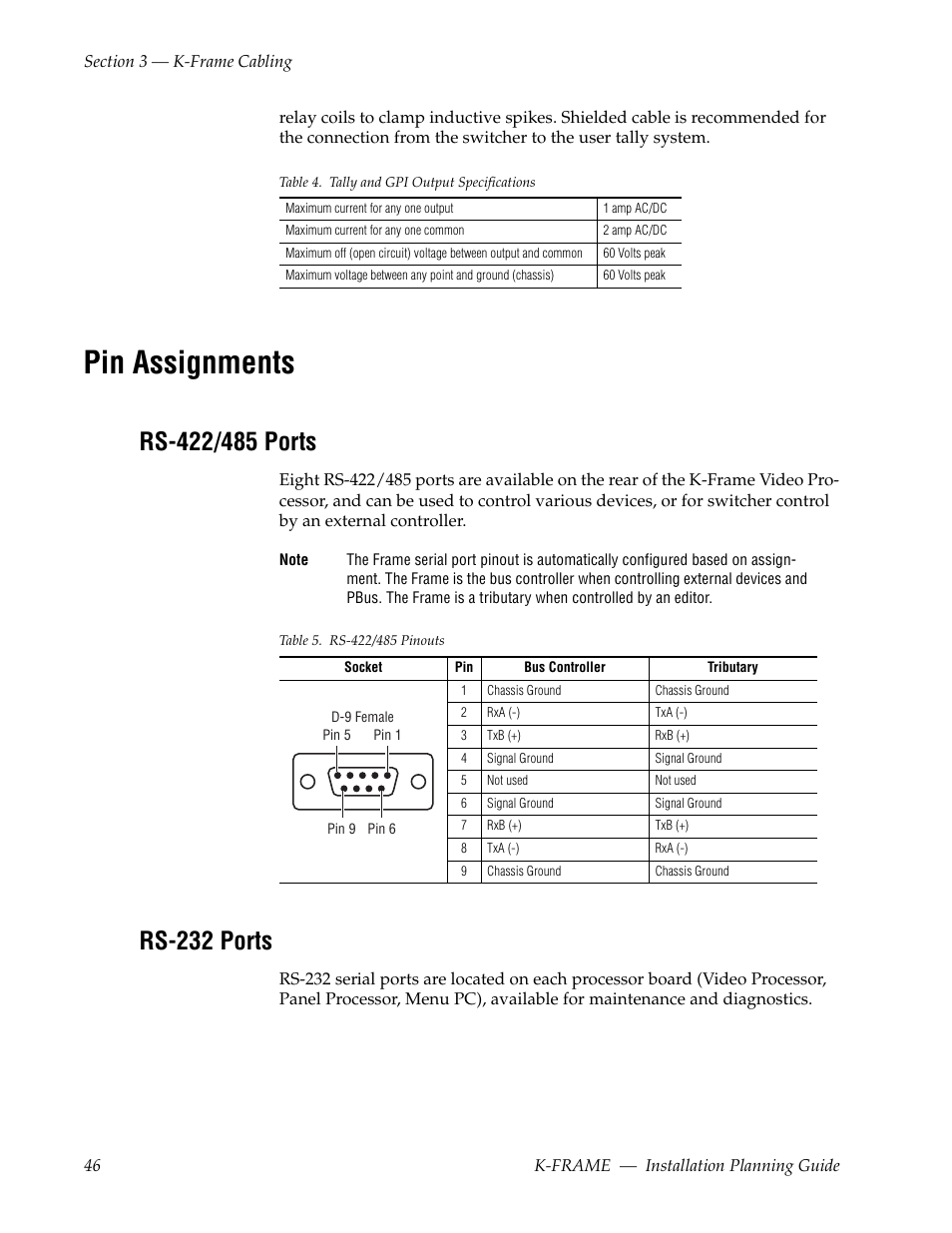 Pin assignments, Rs-422/485 ports, Rs-232 ports | Grass Valley K-Frame Installation Planning Guide Jul 07 2014 User Manual | Page 46 / 56