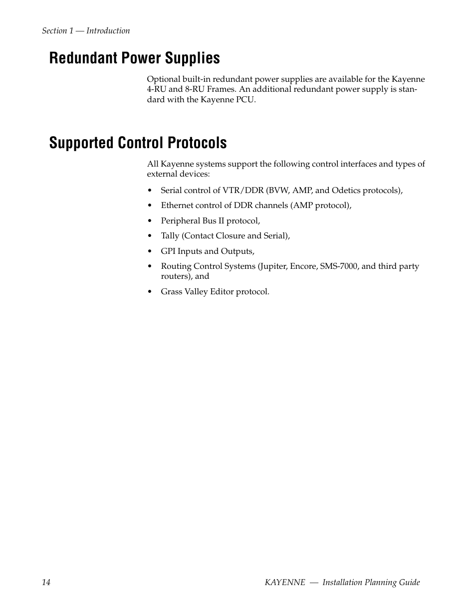 Redundant power supplies, Supported control protocols | Grass Valley Kayenne Installation Planning Guide Aug 30 2011 User Manual | Page 14 / 78