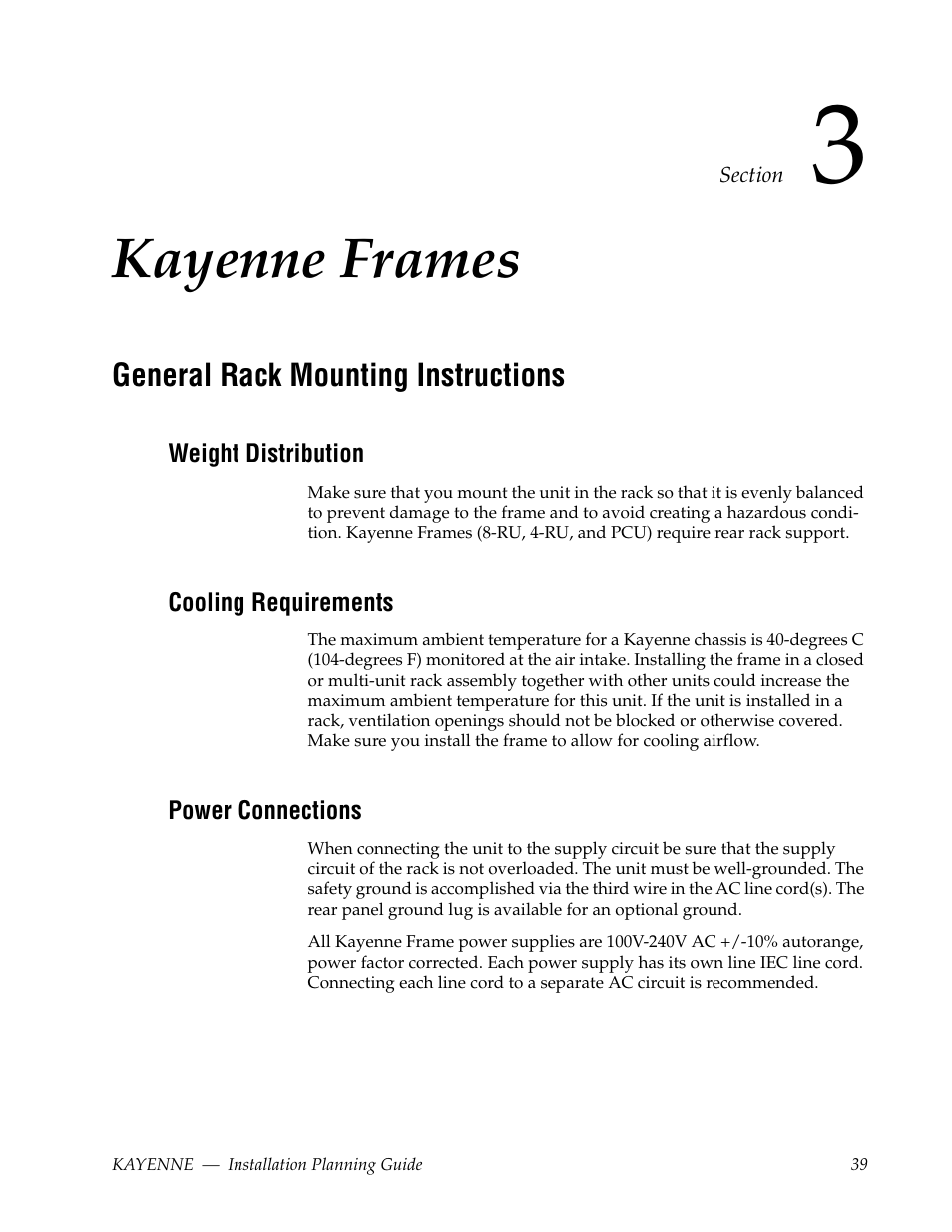 Kayenne frames, General rack mounting instructions, Weight distribution | Cooling requirements, Power connections, Section 3 — kayenne frames | Grass Valley Kayenne Installation Planning Guide Aug 30 2011 User Manual | Page 39 / 78