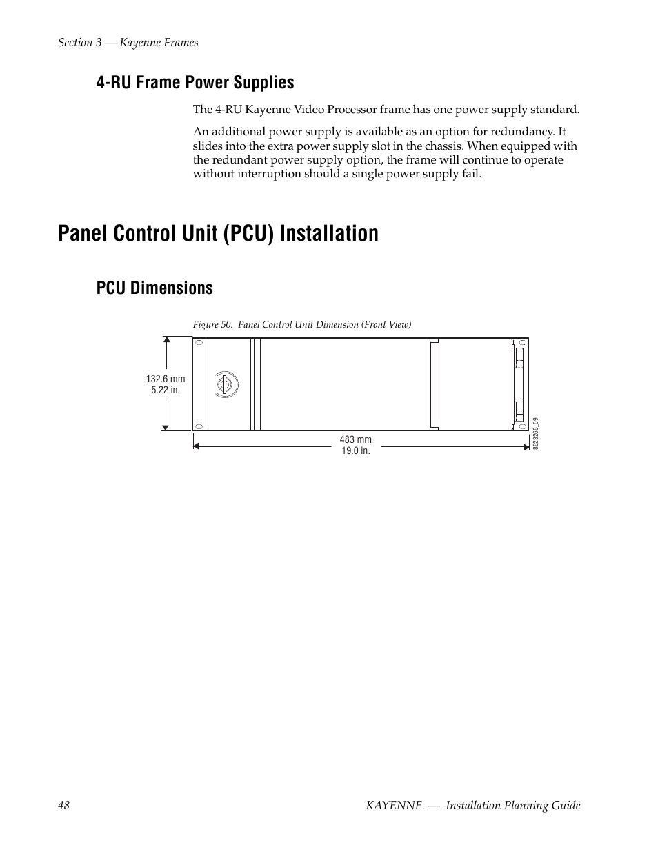 Ru frame power supplies, Panel control unit (pcu) installation, Pcu dimensions | Grass Valley Kayenne Installation Planning Guide Aug 30 2011 User Manual | Page 48 / 78