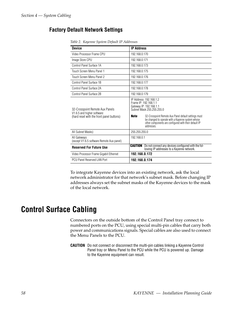 Factory default network settings, Control surface cabling | Grass Valley Kayenne Installation Planning Guide Aug 30 2011 User Manual | Page 58 / 78
