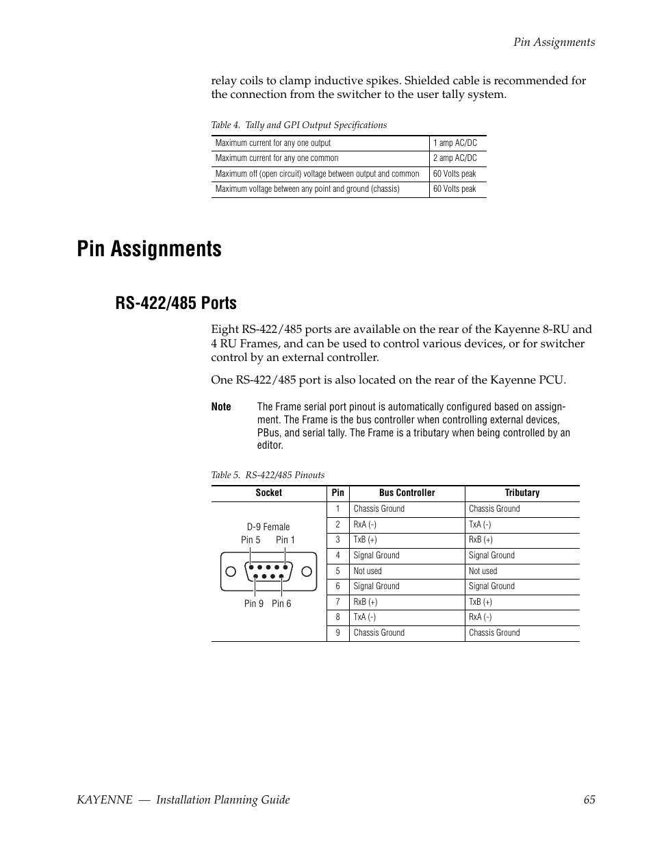 Pin assignments, Rs-422/485 ports | Grass Valley Kayenne Installation Planning Guide Aug 30 2011 User Manual | Page 65 / 78