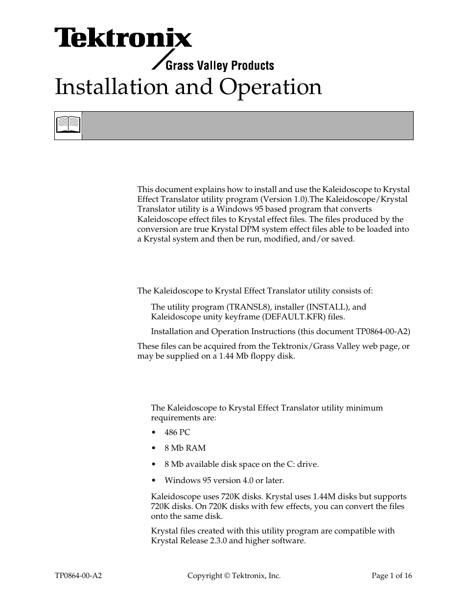 Grass Valley Kaleidoscope to Krystal Effect Translator User Manual | 16 pages