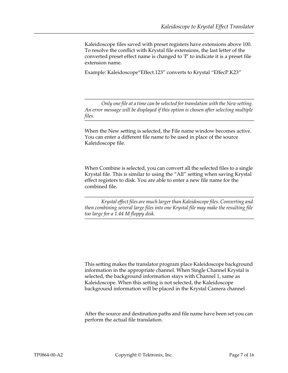 Combine, File translation, Single channel krystal option | Procedure | Grass Valley Kaleidoscope to Krystal Effect Translator User Manual | Page 7 / 16