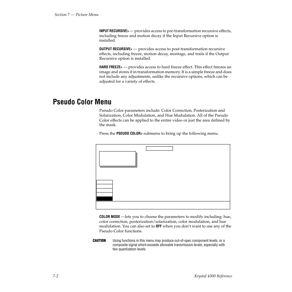 Pseudo color menu | Grass Valley 4300 Krystal Reference Manual v.3.1 User Manual | Page 110 / 334