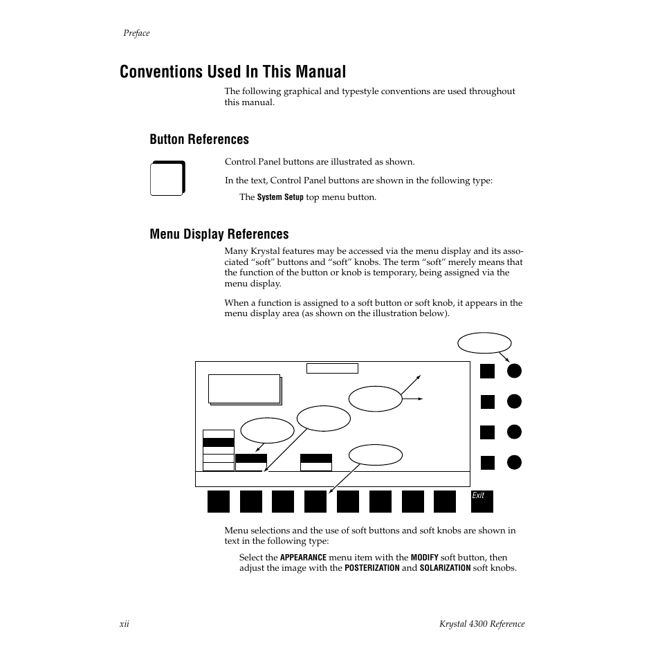 Conventions used in this manual, Button references, Menu display references | Grass Valley 4300 Krystal Reference Manual v.3.1 User Manual | Page 12 / 334