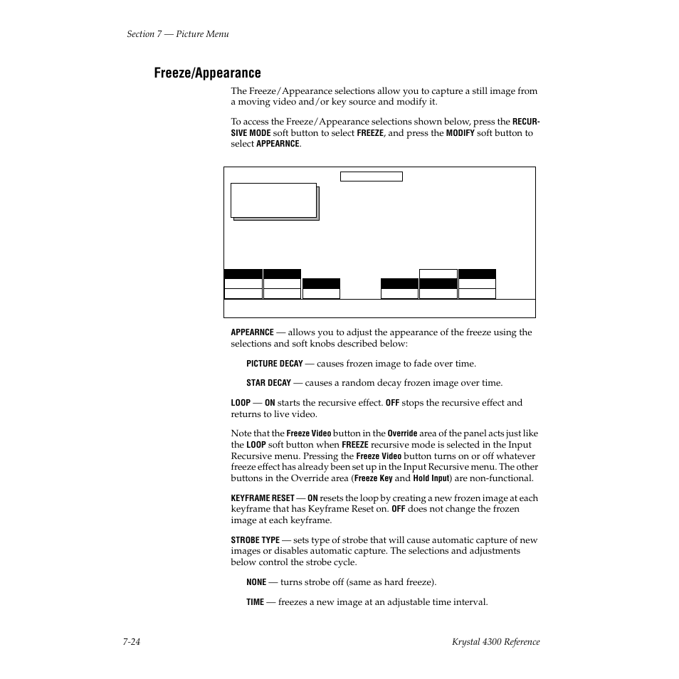 Freeze/appearance | Grass Valley 4300 Krystal Reference Manual v.3.1 User Manual | Page 132 / 334