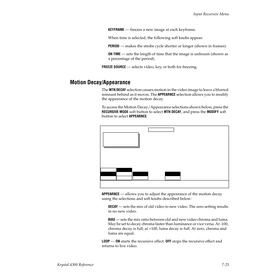 Motion decay/appearance | Grass Valley 4300 Krystal Reference Manual v.3.1 User Manual | Page 133 / 334