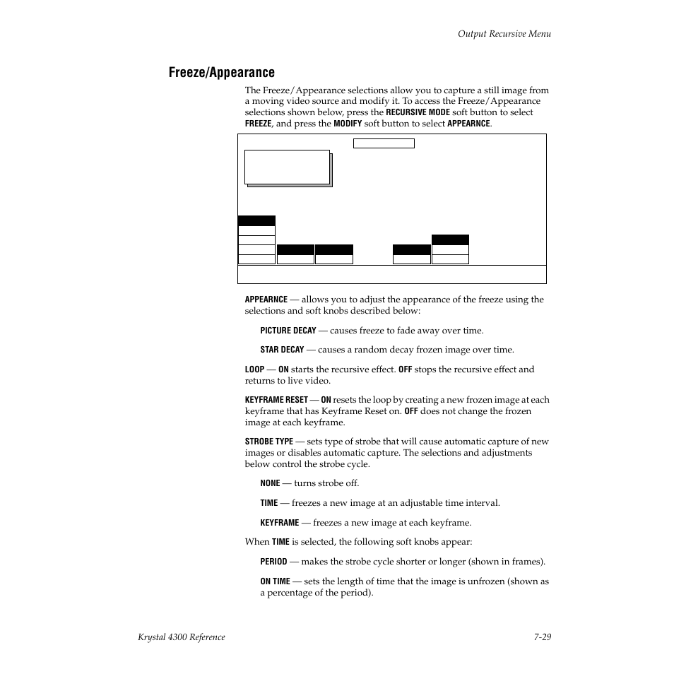 Freeze/appearance | Grass Valley 4300 Krystal Reference Manual v.3.1 User Manual | Page 137 / 334