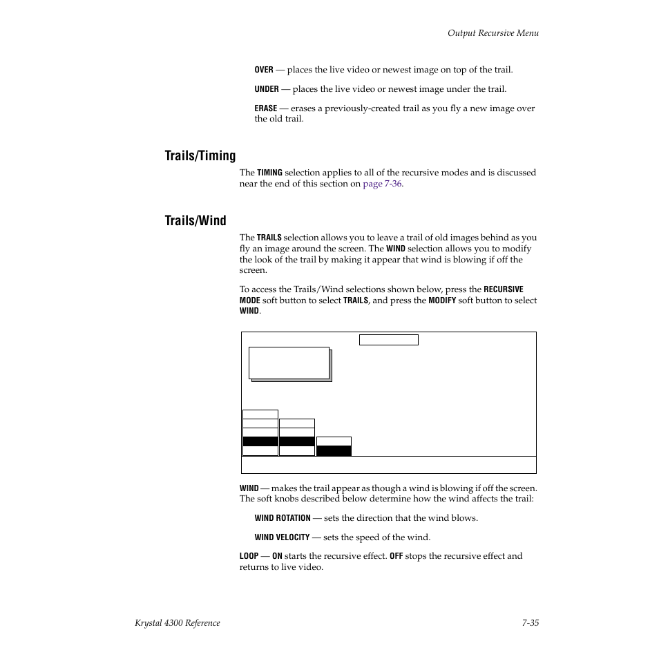 Trails/timing, Trails/wind | Grass Valley 4300 Krystal Reference Manual v.3.1 User Manual | Page 143 / 334