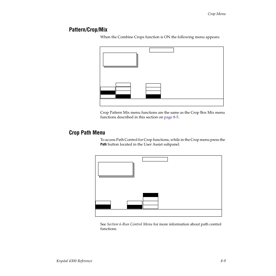 Pattern/crop/mix, Crop path menu, Crop path | Crop | Grass Valley 4300 Krystal Reference Manual v.3.1 User Manual | Page 155 / 334