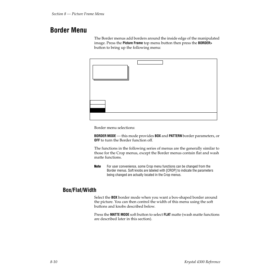 Border menu, Box/flat/width | Grass Valley 4300 Krystal Reference Manual v.3.1 User Manual | Page 156 / 334