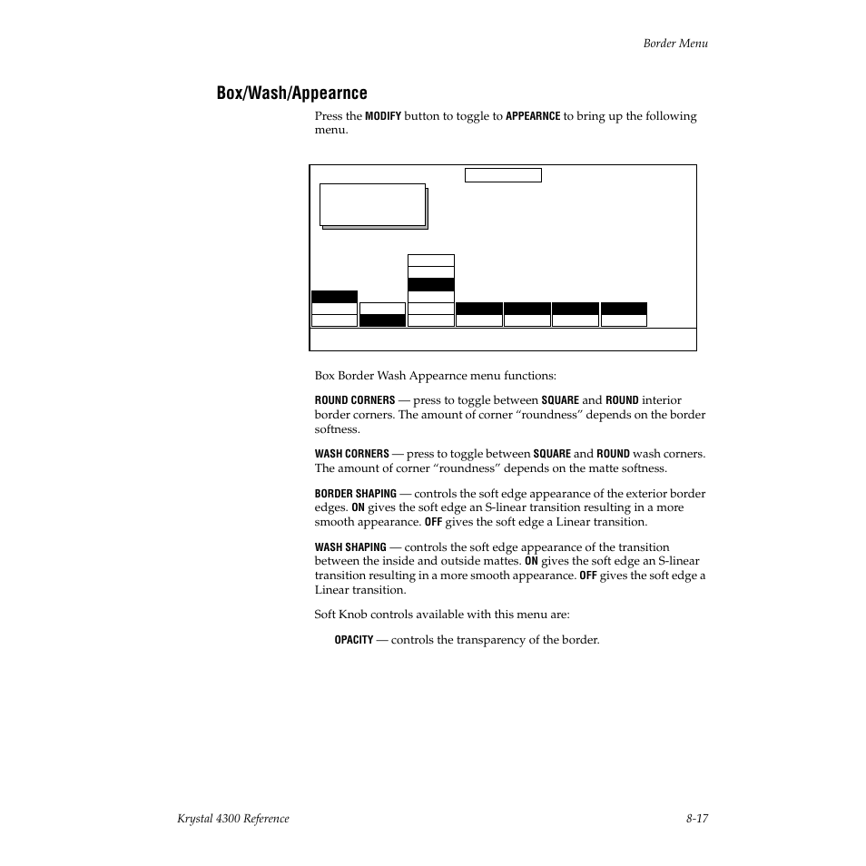 Box/wash/appearnce | Grass Valley 4300 Krystal Reference Manual v.3.1 User Manual | Page 163 / 334