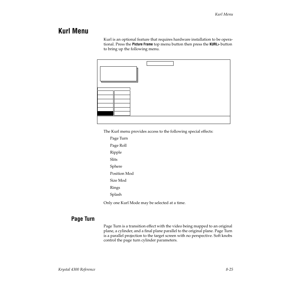 Kurl menu, Page turn | Grass Valley 4300 Krystal Reference Manual v.3.1 User Manual | Page 171 / 334