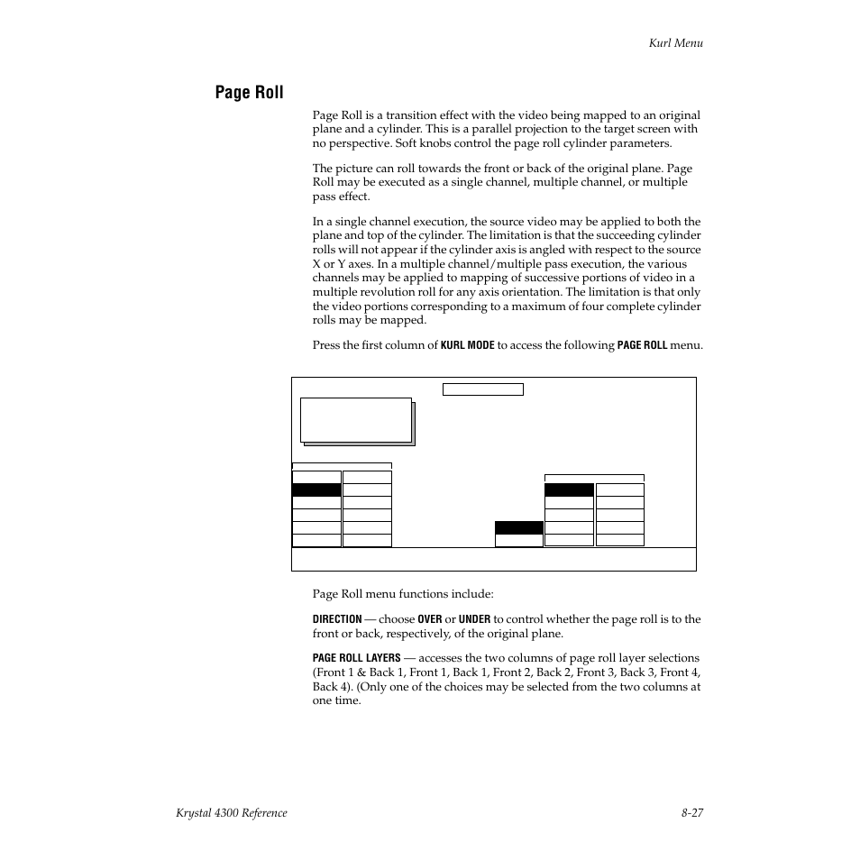 Page roll, Kurl, Menu. page roll menu functions include | Choose | Grass Valley 4300 Krystal Reference Manual v.3.1 User Manual | Page 173 / 334