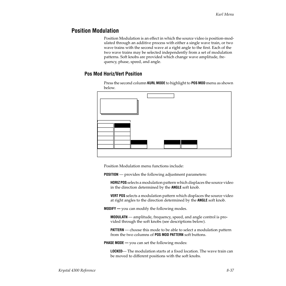 Position modulation, Pos mod horiz/vert position | Grass Valley 4300 Krystal Reference Manual v.3.1 User Manual | Page 183 / 334
