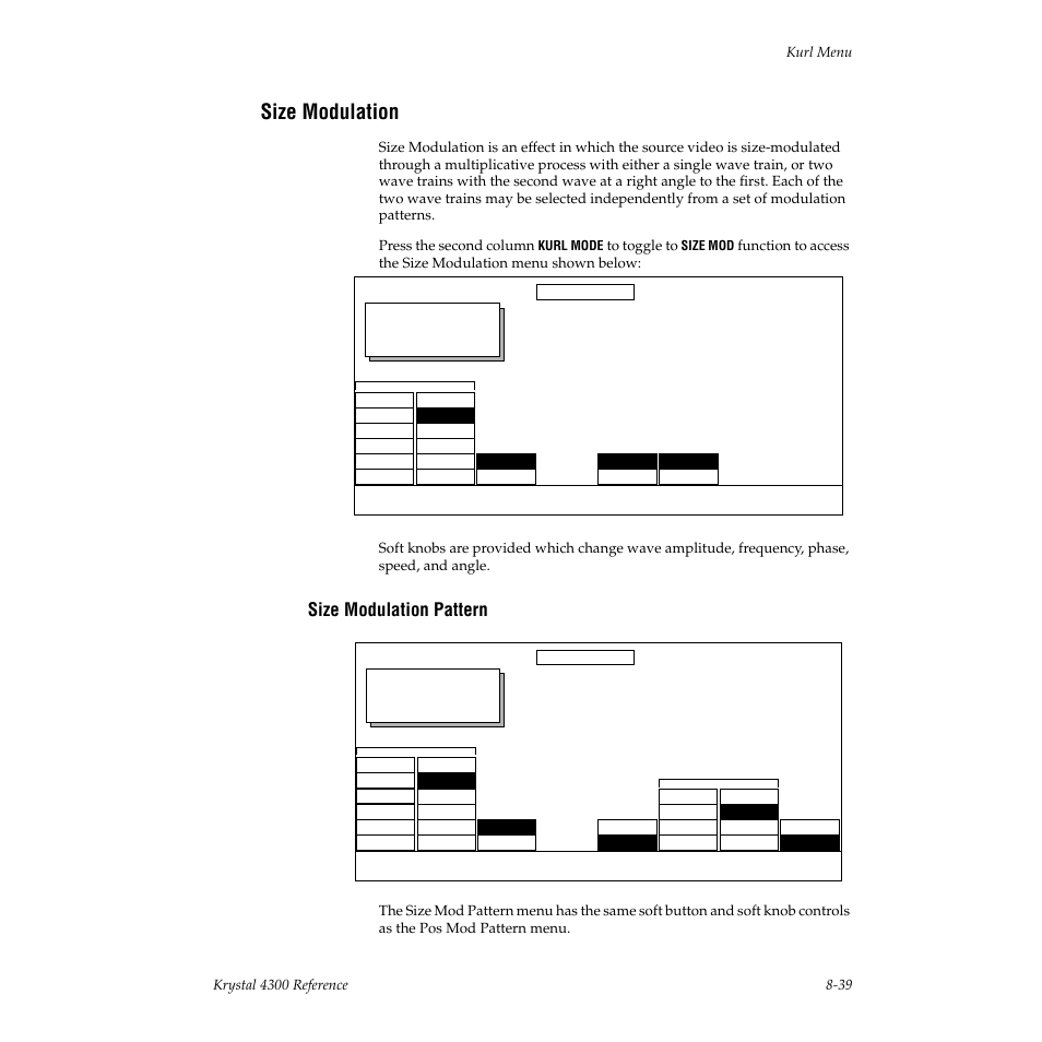 Size modulation, Size modulation pattern, Kurl | Grass Valley 4300 Krystal Reference Manual v.3.1 User Manual | Page 185 / 334