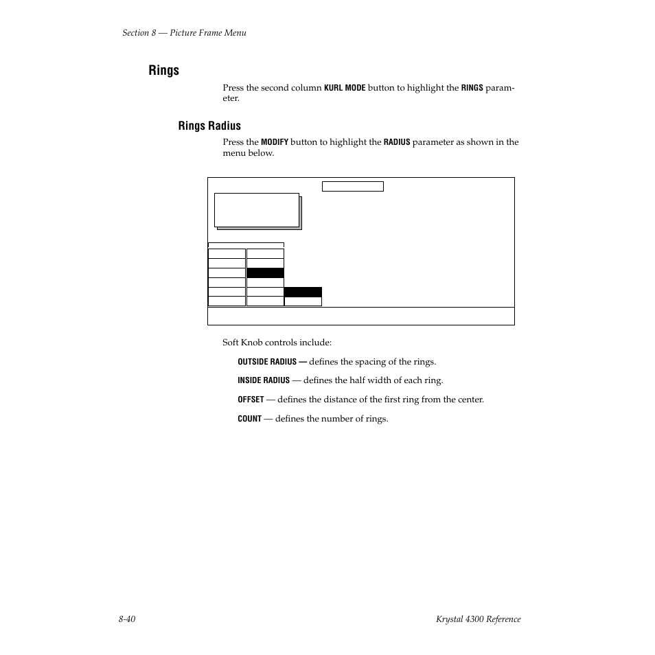 Rings, Rings radius, Kurl | Grass Valley 4300 Krystal Reference Manual v.3.1 User Manual | Page 186 / 334