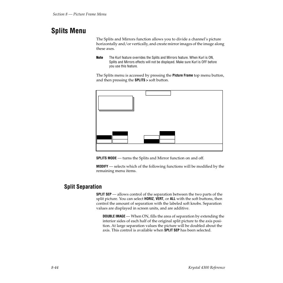 Splits menu, Split separation | Grass Valley 4300 Krystal Reference Manual v.3.1 User Manual | Page 190 / 334
