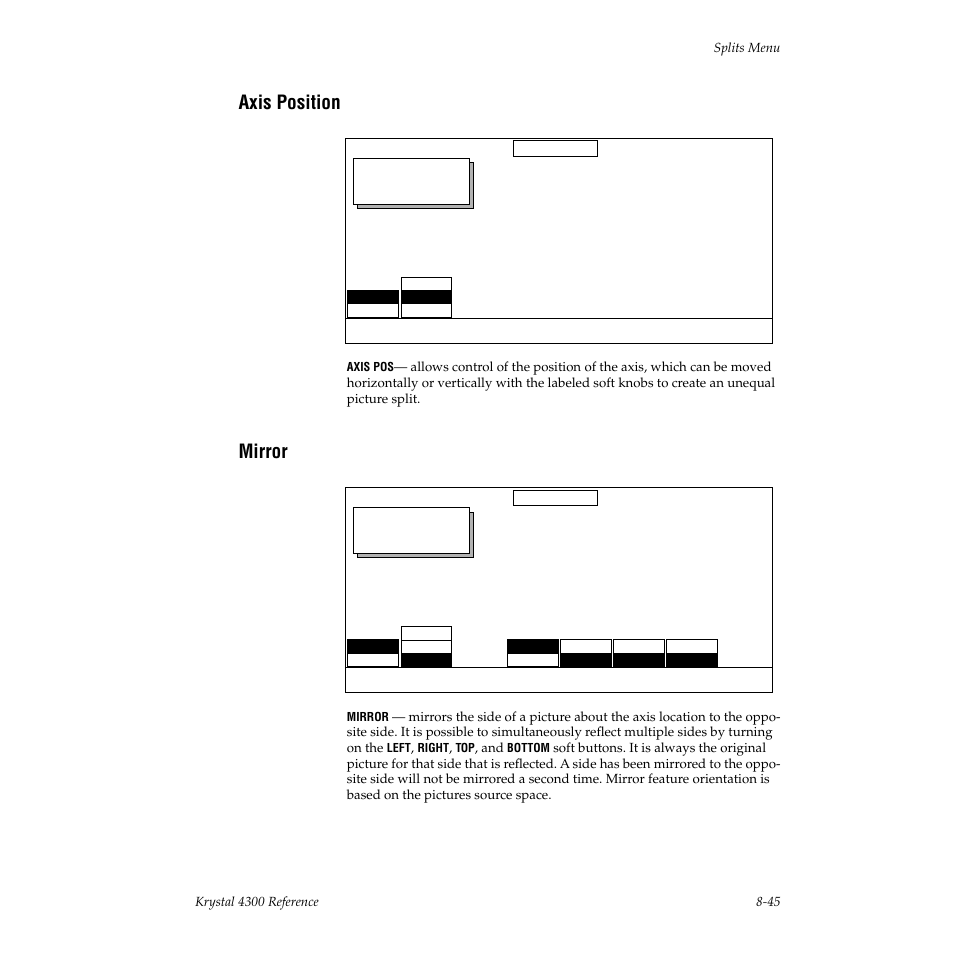 Axis position, Mirror | Grass Valley 4300 Krystal Reference Manual v.3.1 User Manual | Page 191 / 334