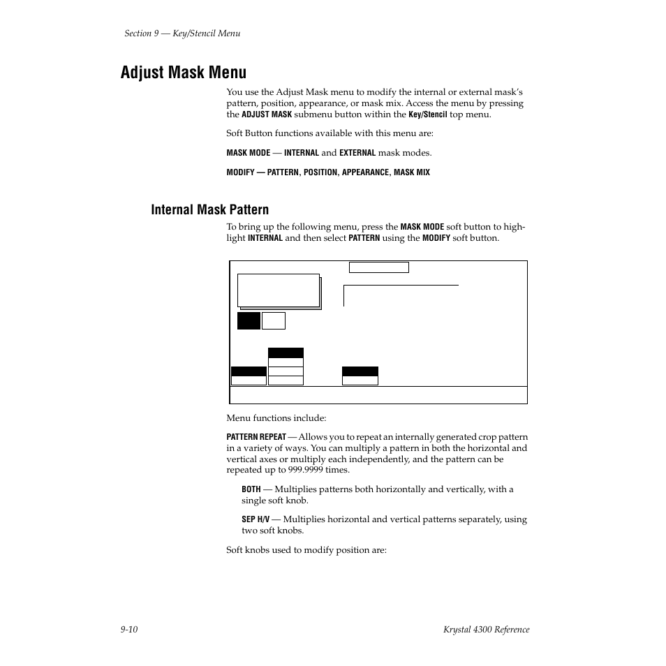 Adjust mask menu, Internal mask pattern | Grass Valley 4300 Krystal Reference Manual v.3.1 User Manual | Page 204 / 334