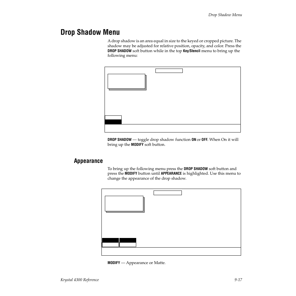 Drop shadow menu, Appearance | Grass Valley 4300 Krystal Reference Manual v.3.1 User Manual | Page 211 / 334