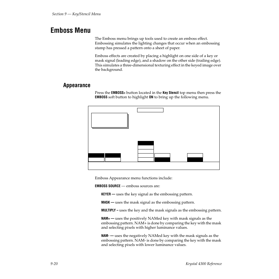 Emboss menu, Appearance | Grass Valley 4300 Krystal Reference Manual v.3.1 User Manual | Page 214 / 334