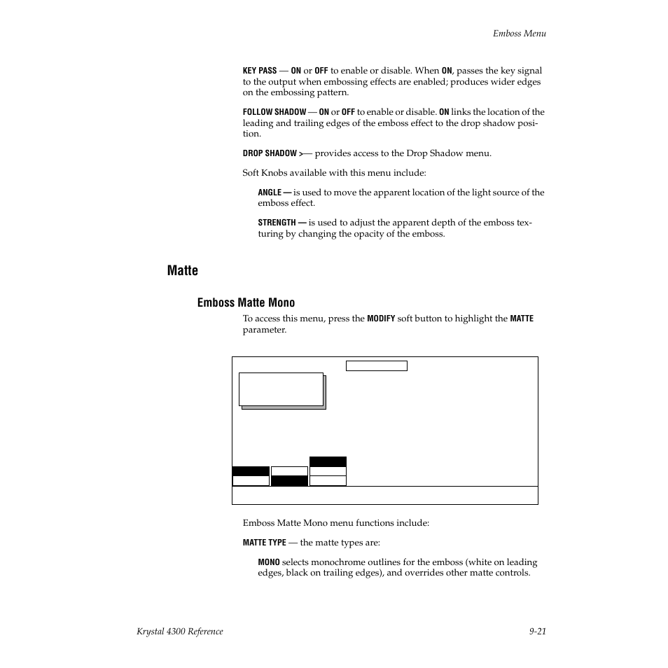 Matte, Emboss matte mono | Grass Valley 4300 Krystal Reference Manual v.3.1 User Manual | Page 215 / 334