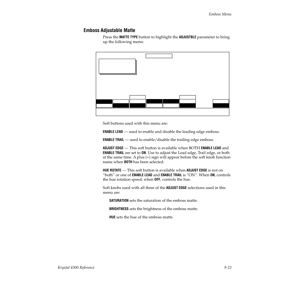 Emboss adjustable matte, Emboss | Grass Valley 4300 Krystal Reference Manual v.3.1 User Manual | Page 217 / 334