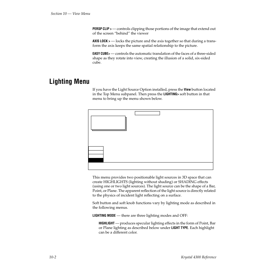 Lighting menu | Grass Valley 4300 Krystal Reference Manual v.3.1 User Manual | Page 220 / 334