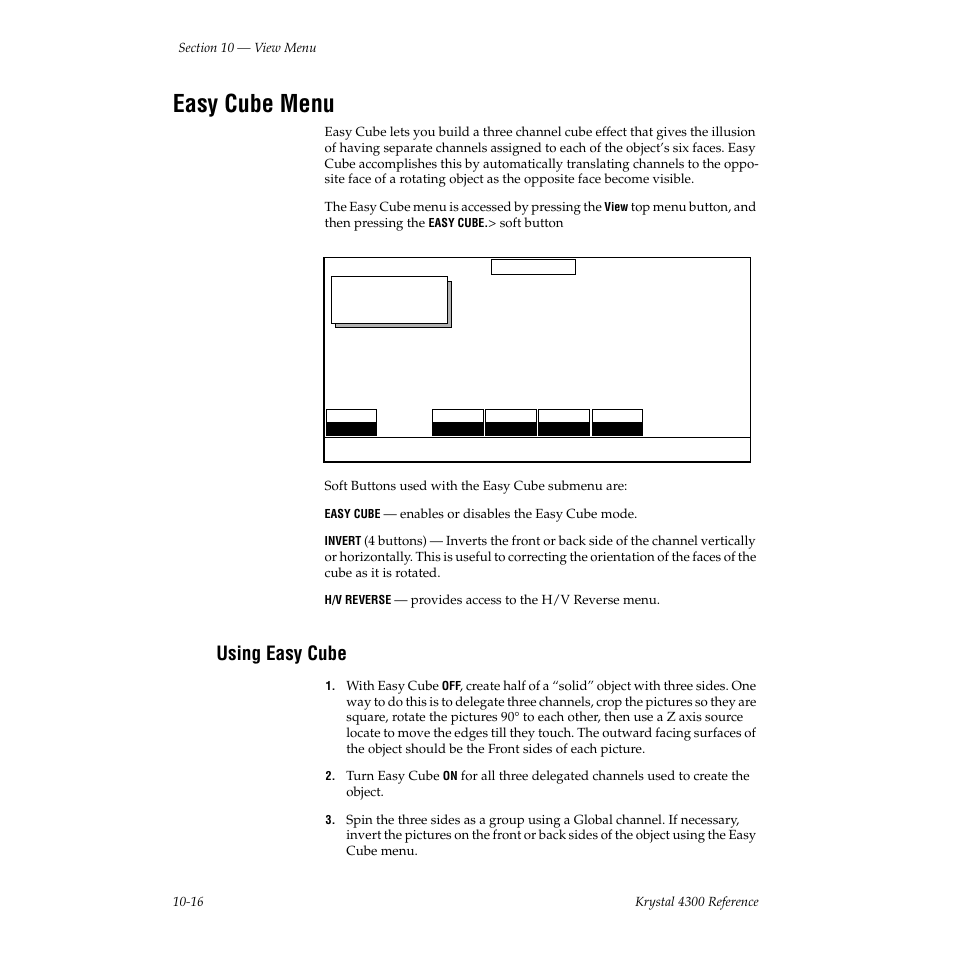 Easy cube menu, Using easy cube | Grass Valley 4300 Krystal Reference Manual v.3.1 User Manual | Page 234 / 334