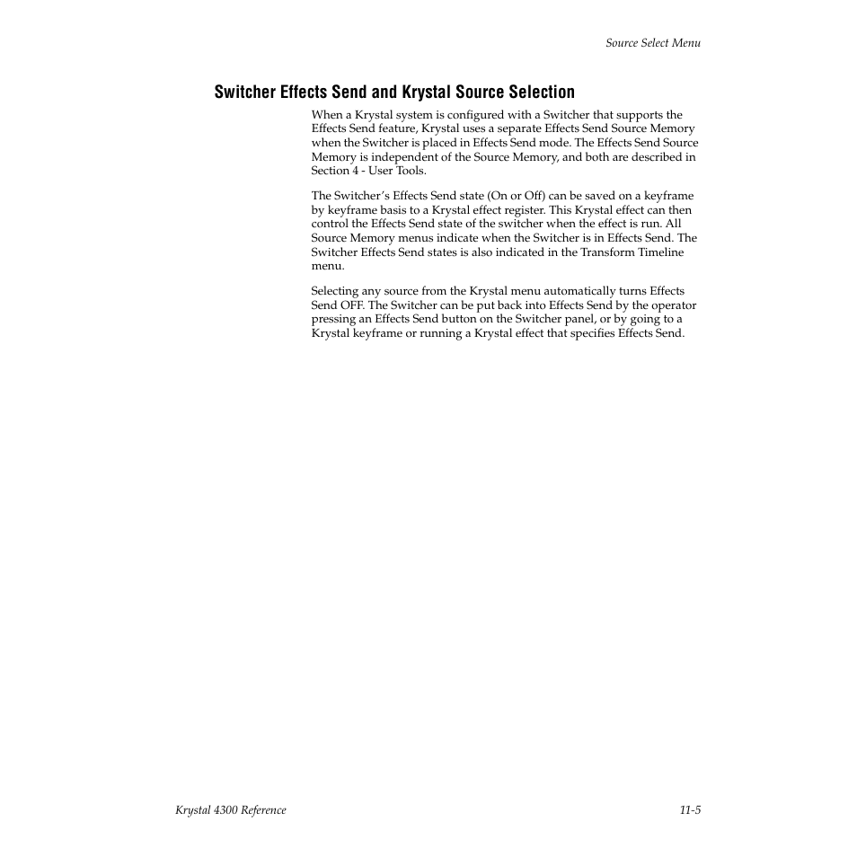 Switcher effects send and krystal source selection | Grass Valley 4300 Krystal Reference Manual v.3.1 User Manual | Page 241 / 334