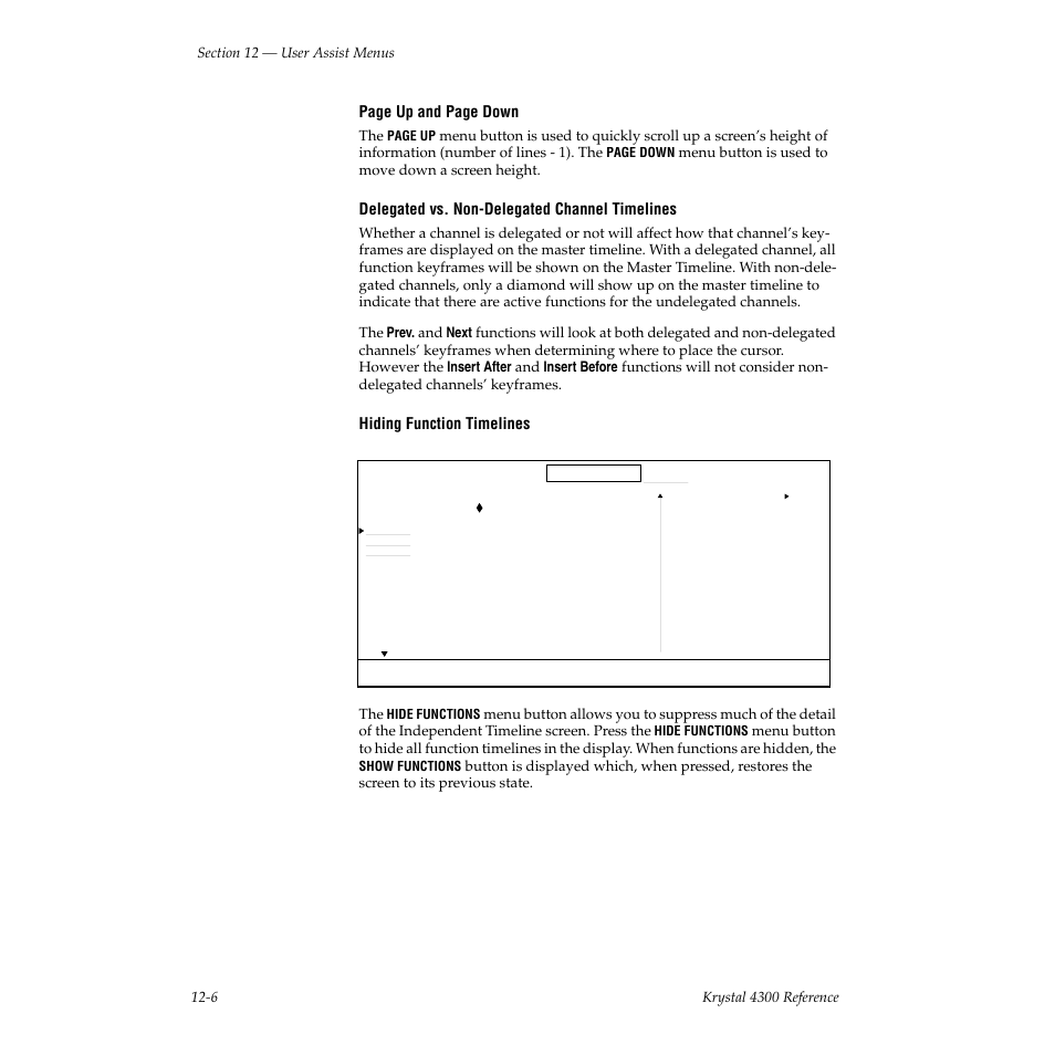 Page up and page down, Delegated vs. non-delegated channel timelines, Hiding function timelines | Grass Valley 4300 Krystal Reference Manual v.3.1 User Manual | Page 274 / 334