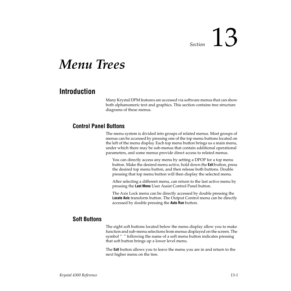 Menu trees, Introduction, Control panel buttons | Soft buttons, Section 13 — menu trees | Grass Valley 4300 Krystal Reference Manual v.3.1 User Manual | Page 279 / 334
