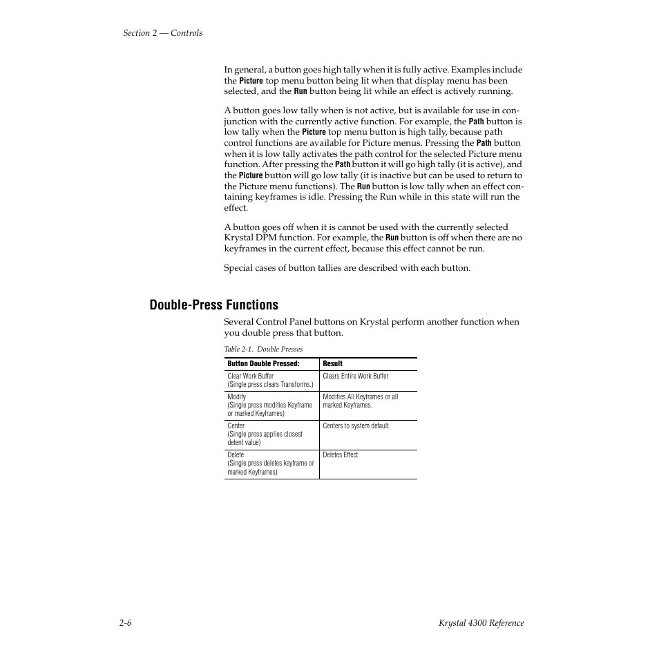 Double-press functions | Grass Valley 4300 Krystal Reference Manual v.3.1 User Manual | Page 42 / 334