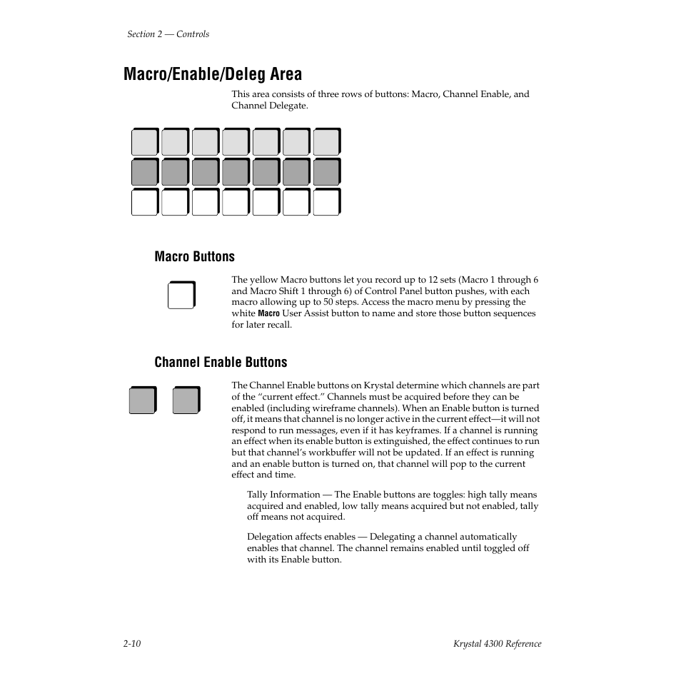 Macro/enable/deleg area, Macro buttons, Channel enable buttons | Grass Valley 4300 Krystal Reference Manual v.3.1 User Manual | Page 46 / 334