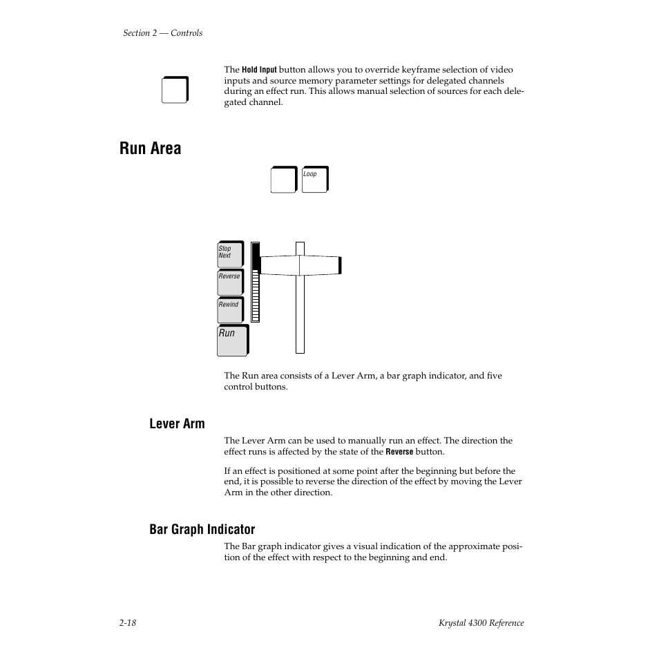 Run area, Lever arm, Bar graph indicator | Grass Valley 4300 Krystal Reference Manual v.3.1 User Manual | Page 54 / 334