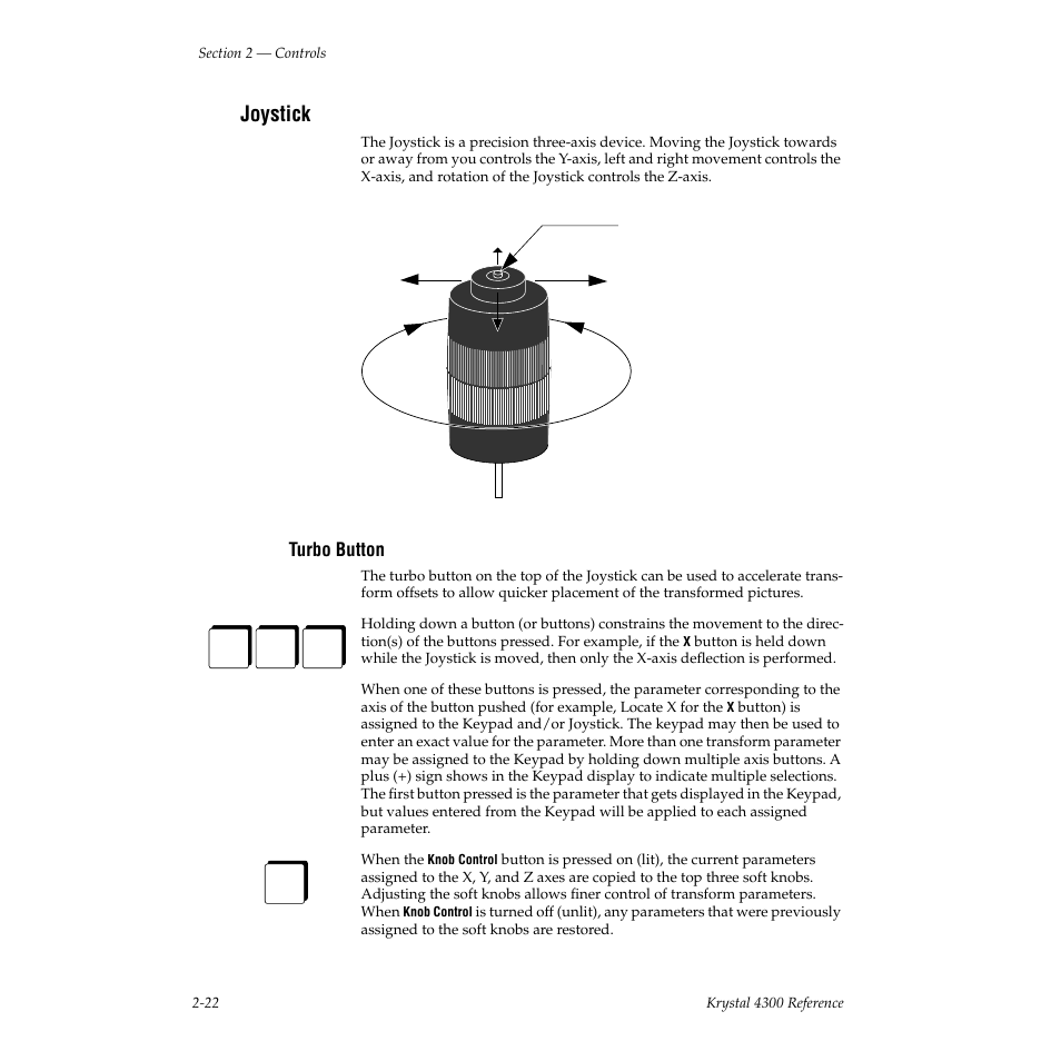 Joystick, Turbo button, Zy x | Grass Valley 4300 Krystal Reference Manual v.3.1 User Manual | Page 58 / 334