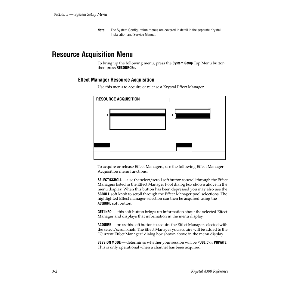 Resource acquisition menu, Effect manager resource acquisition | Grass Valley 4300 Krystal Reference Manual v.3.1 User Manual | Page 64 / 334