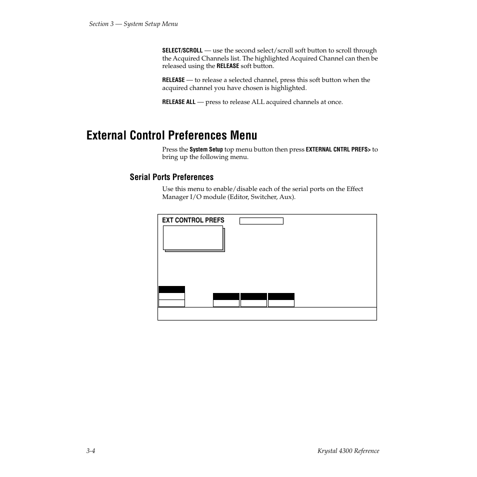 External control preferences menu, Serial ports preferences | Grass Valley 4300 Krystal Reference Manual v.3.1 User Manual | Page 66 / 334