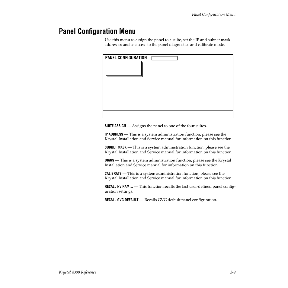 Panel configuration menu | Grass Valley 4300 Krystal Reference Manual v.3.1 User Manual | Page 71 / 334