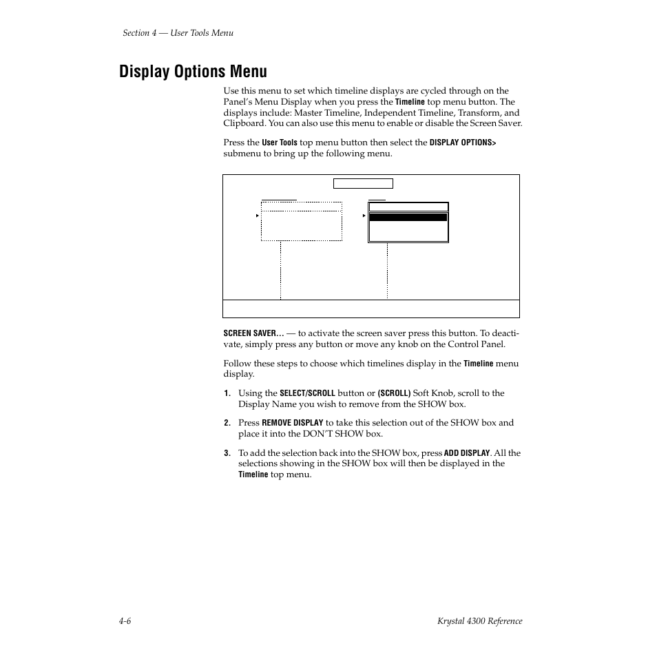 Display options menu | Grass Valley 4300 Krystal Reference Manual v.3.1 User Manual | Page 78 / 334