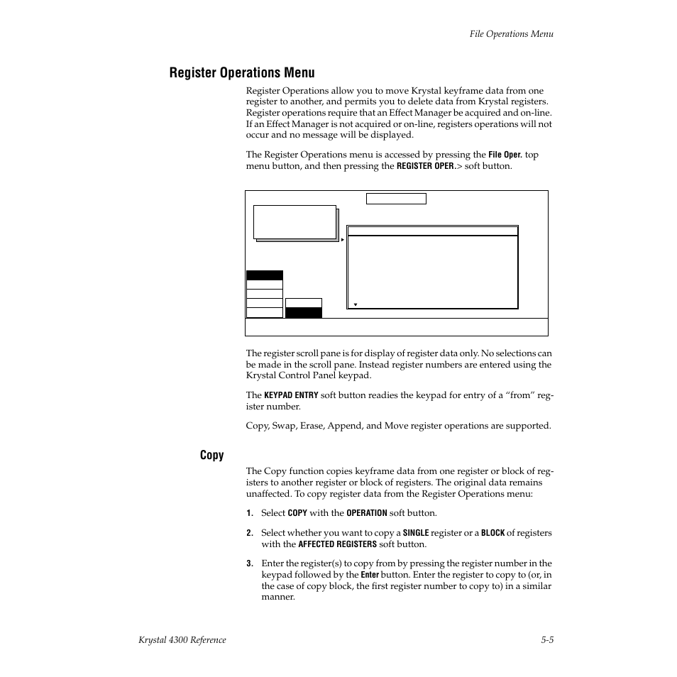 Register operations menu, Copy | Grass Valley 4300 Krystal Reference Manual v.3.1 User Manual | Page 85 / 334