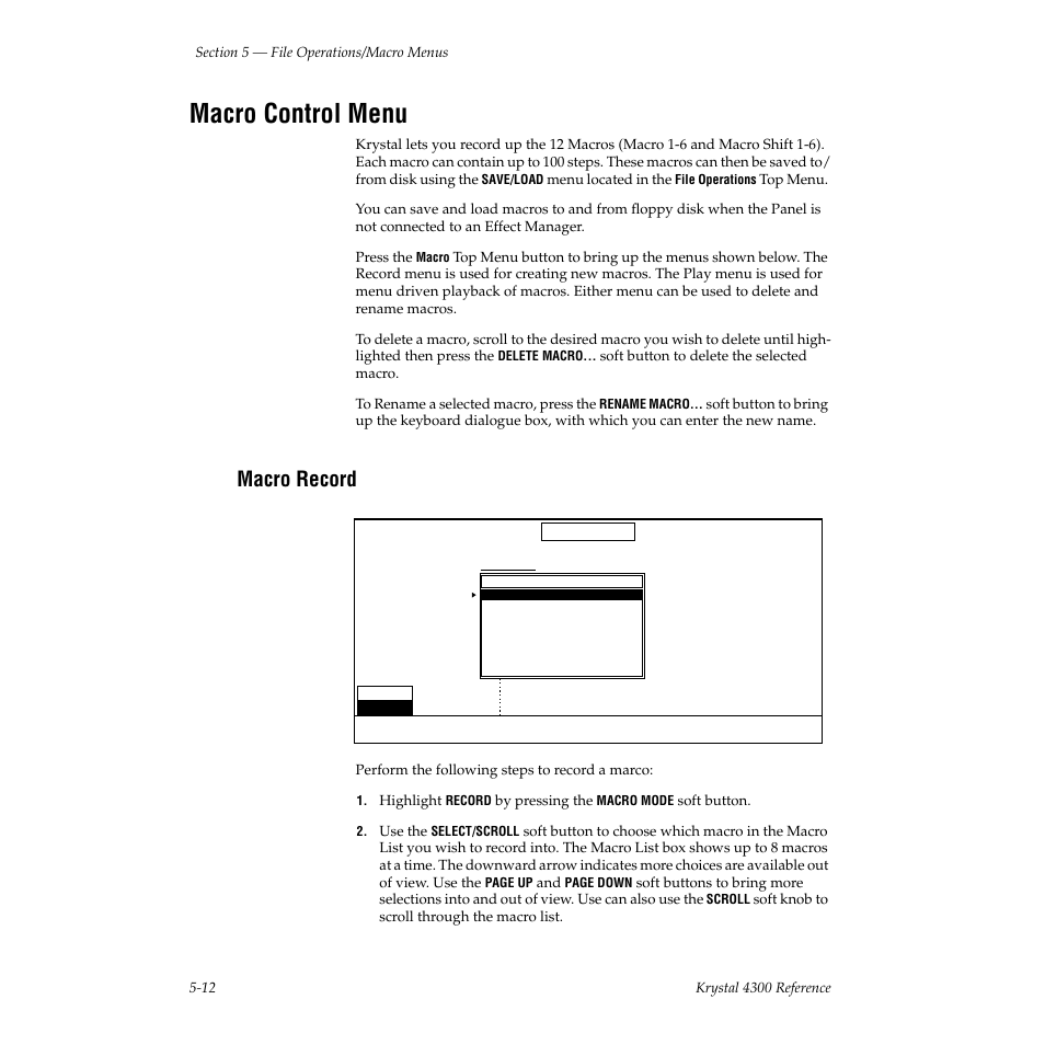 Macro control menu, Macro record | Grass Valley 4300 Krystal Reference Manual v.3.1 User Manual | Page 92 / 334