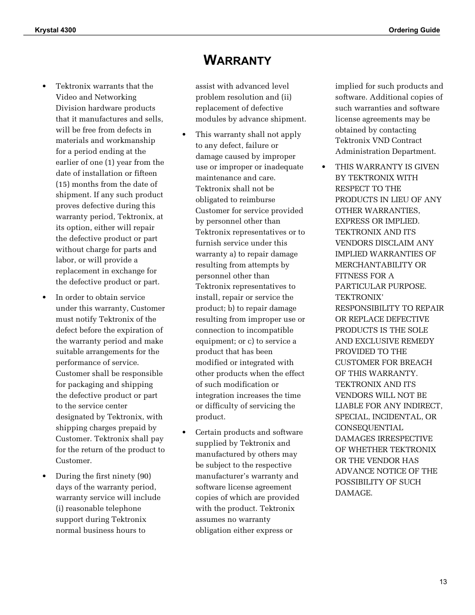 Warranty, Warranty 13, Arranty | Grass Valley 4300 Krystal Digital Picture Manipulator Ordering Guide User Manual | Page 15 / 16