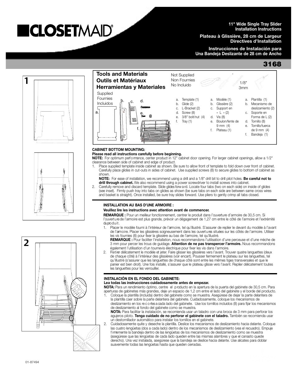 Closet Maid 11" Wide Single Tray Slider 3168 User Manual | 3 pages